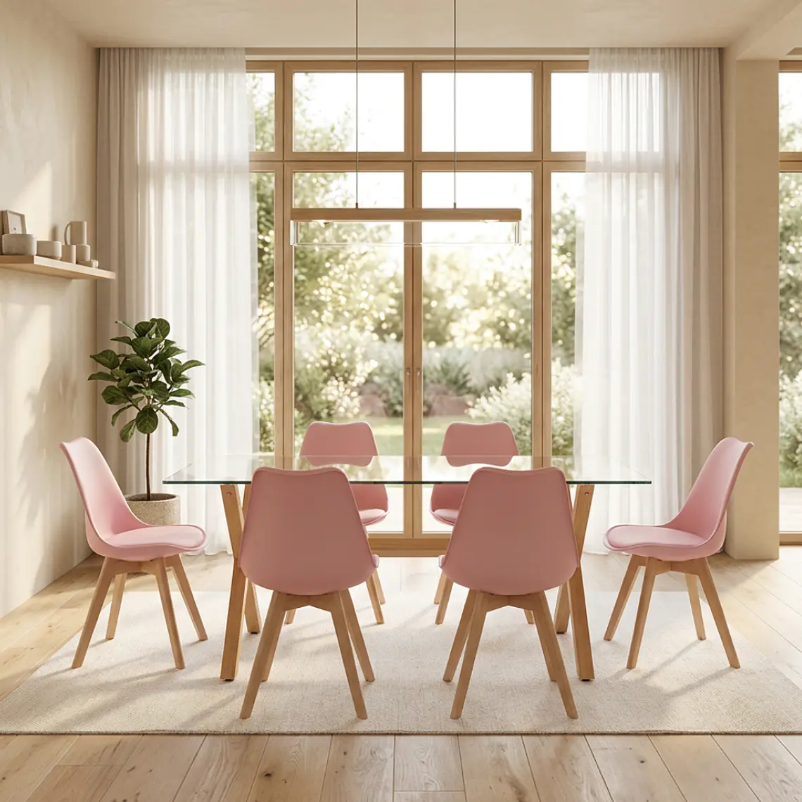 Comedor Medlock Estocolmo rectangular vidrio 140x90 cm con 6 Sillas Tulip 7