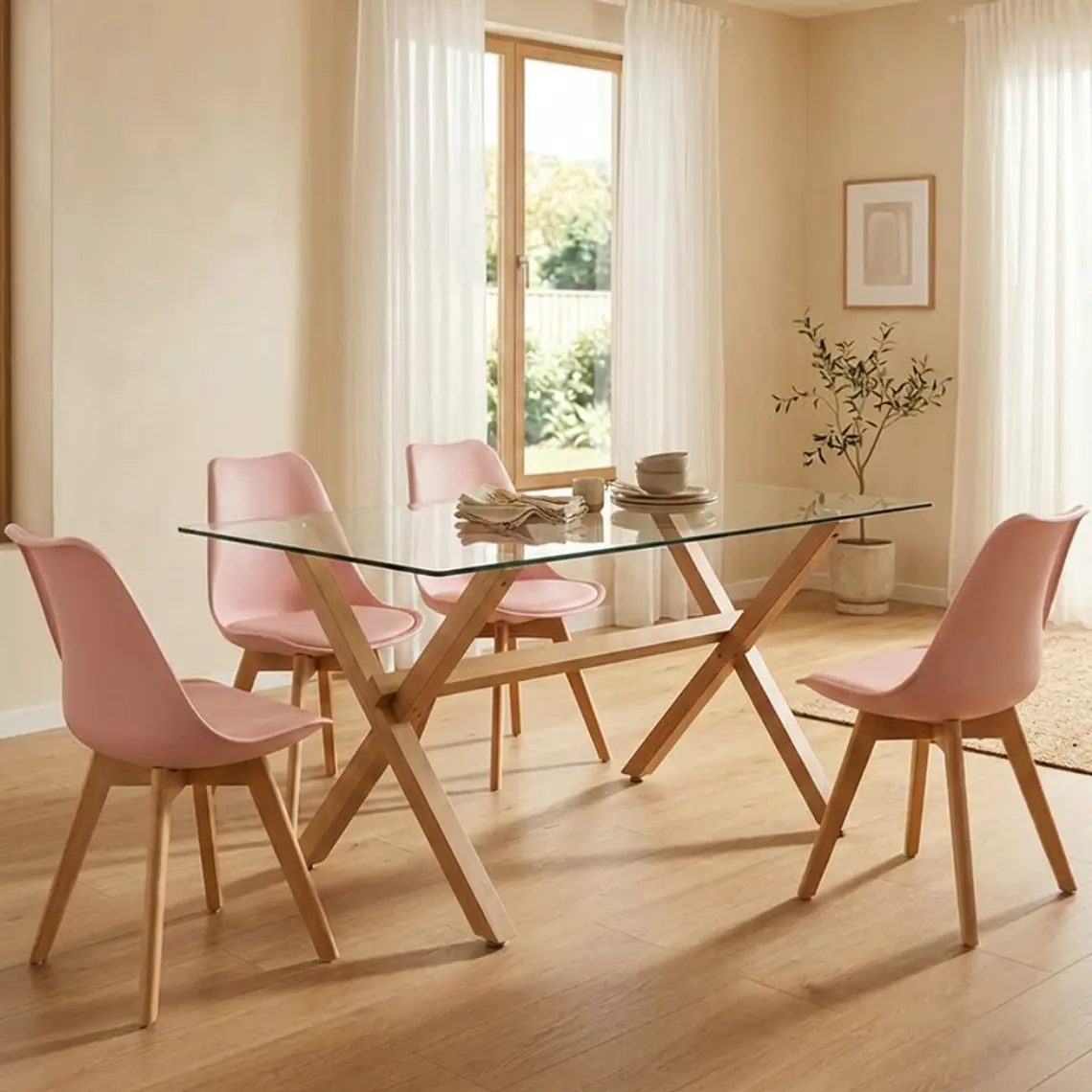 Comedor Medlock Estocolmo rectangular vidrio 140x90 cm con 4 Sillas Tulip 6