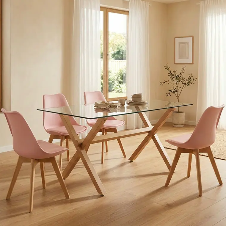 Comedor Medlock Estocolmo rectangular vidrio 140x90 cm con 4 Sillas Tulip 6