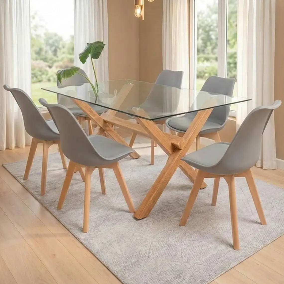 Comedor Mesa Medlock rectangular vidrio 130x80 cm con 6 Sillas Tulip 3