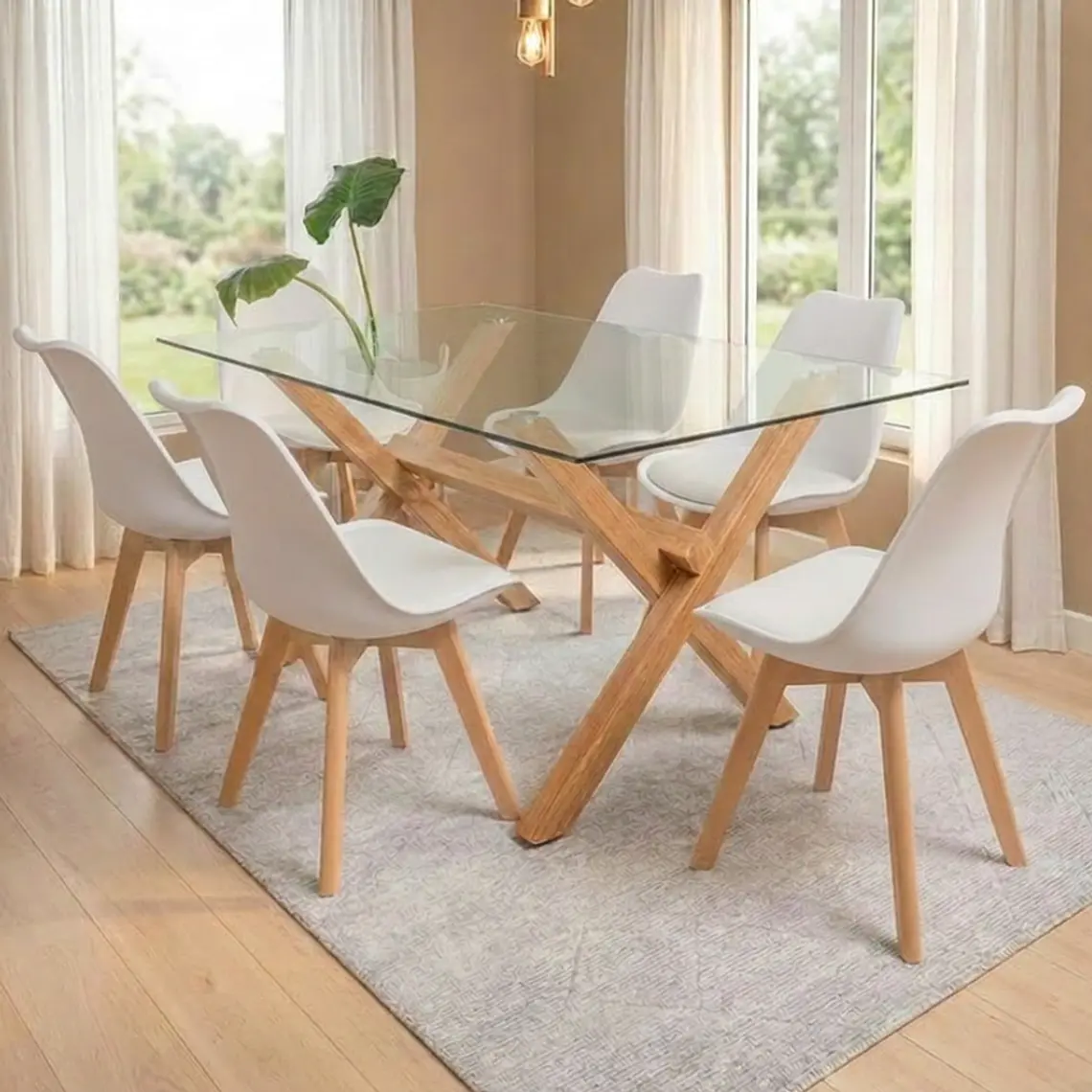 Comedor Mesa Medlock rectangular vidrio 130x80 cm con 6 Sillas Tulip 1