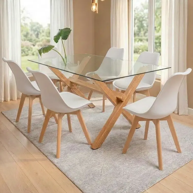 Comedor Mesa Medlock rectangular vidrio 130x80 cm con 6 Sillas Tulip 1