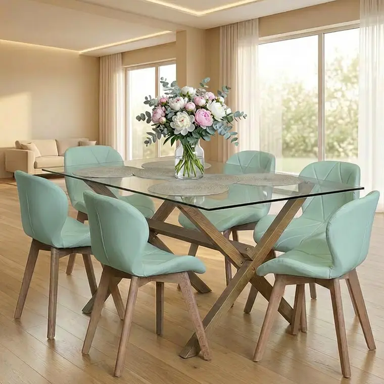 Comedor Mesa Medlock rectangular vidrio 120x80 cm con 6 Sillas Mariposas Rubik Wood 1