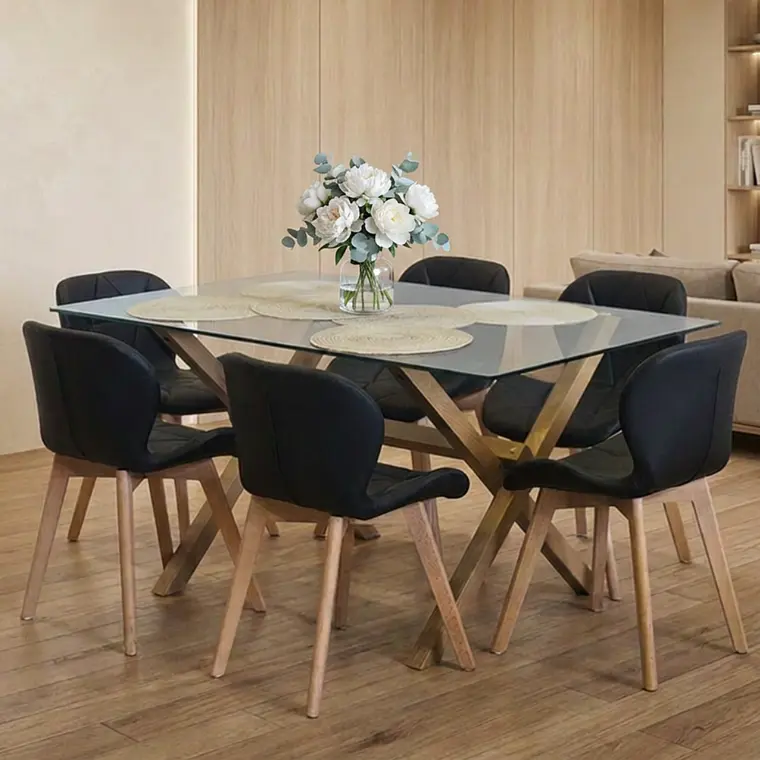Comedor Mesa Medlock rectangular vidrio 140x90 cm con 6 Sillas Mariposas Rubik Wood 1