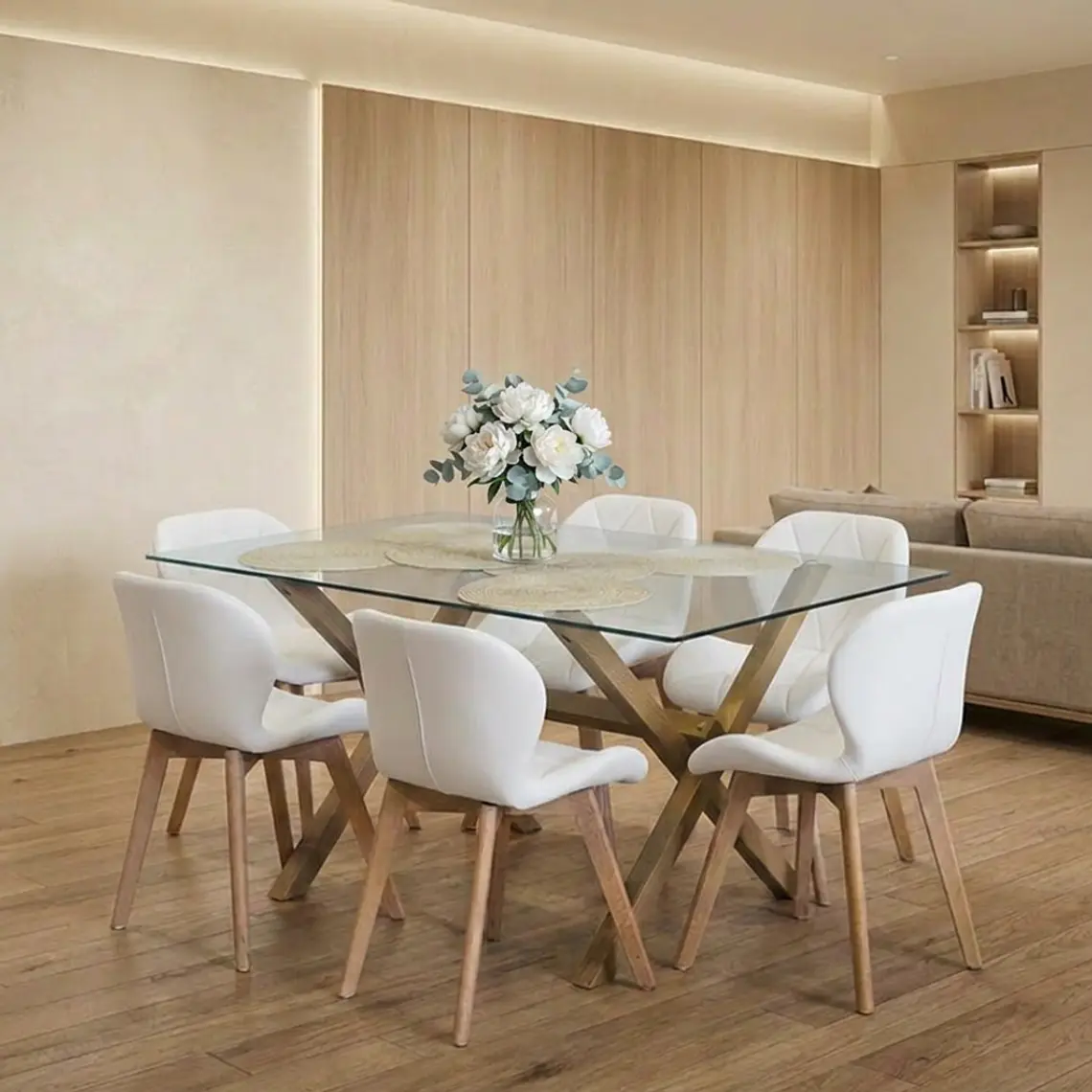 Comedor Mesa Medlock rectangular vidrio 130x80 cm con 6 Sillas Mariposas Rubik Wood 2