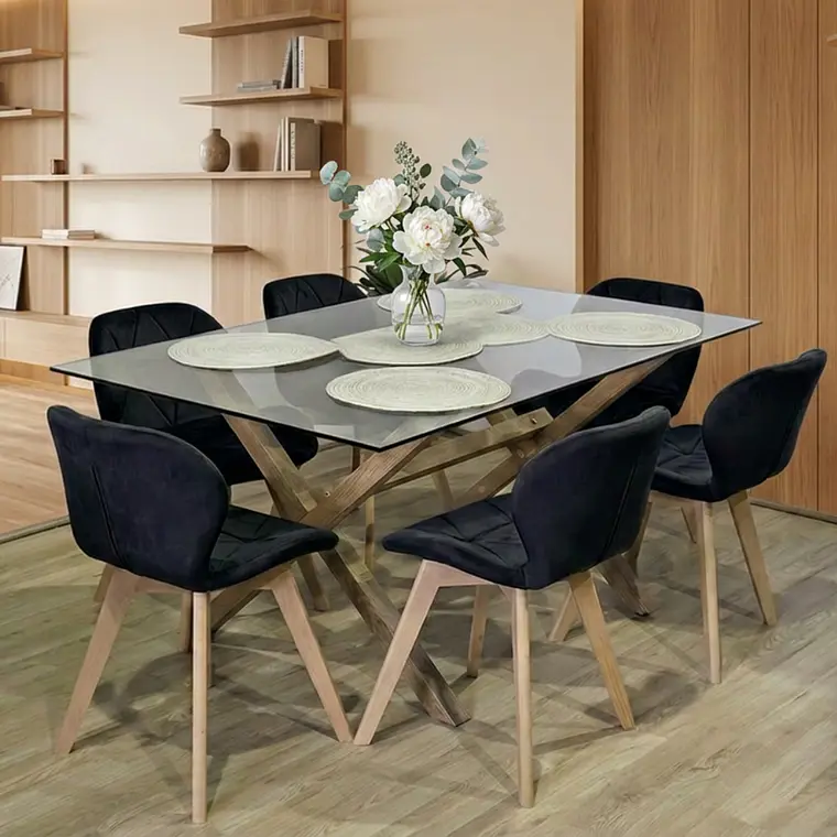 Comedor Mesa Medlock rectangular vidrio 130x80 cm con 6 Sillas Radar Velvet 1