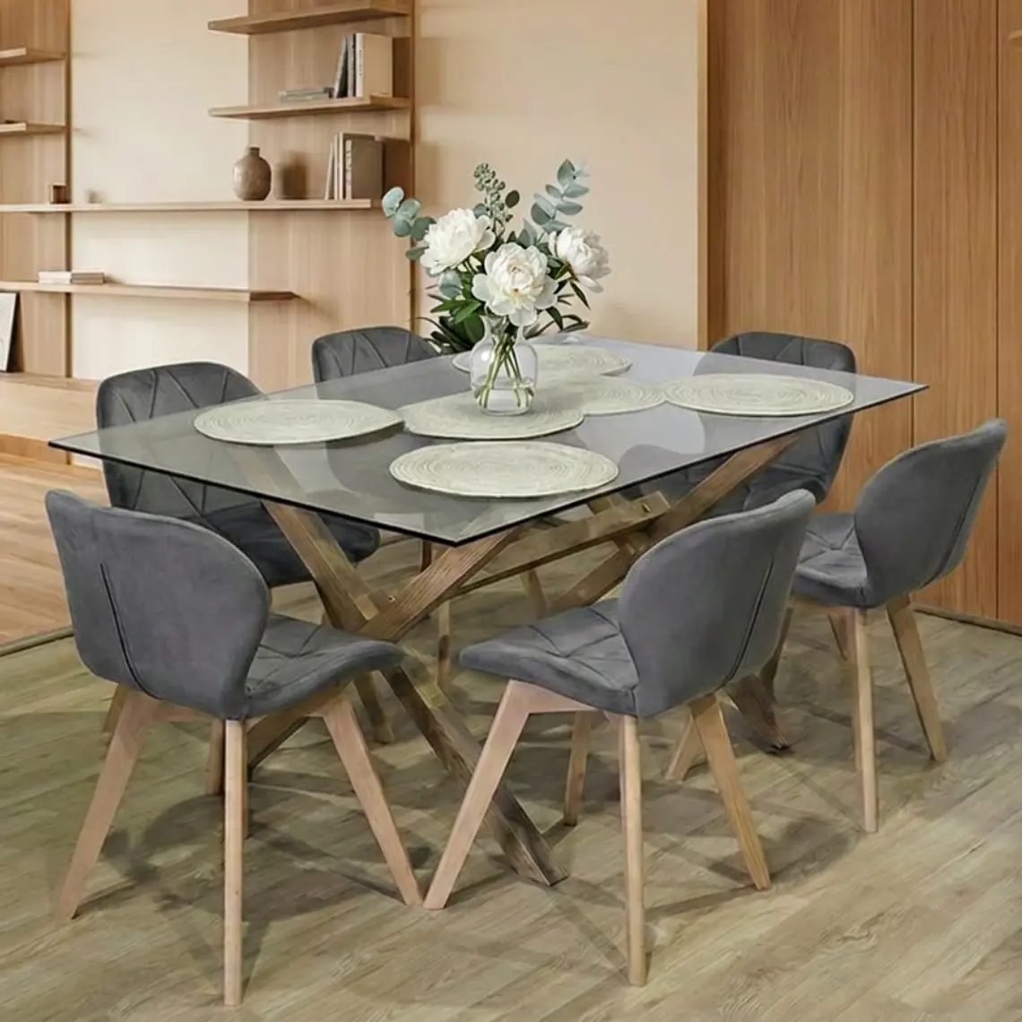 Comedor Mesa Medlock rectangular vidrio 140x90 cm con 6 Sillas Mariposas Rubik Wood Velvet 1