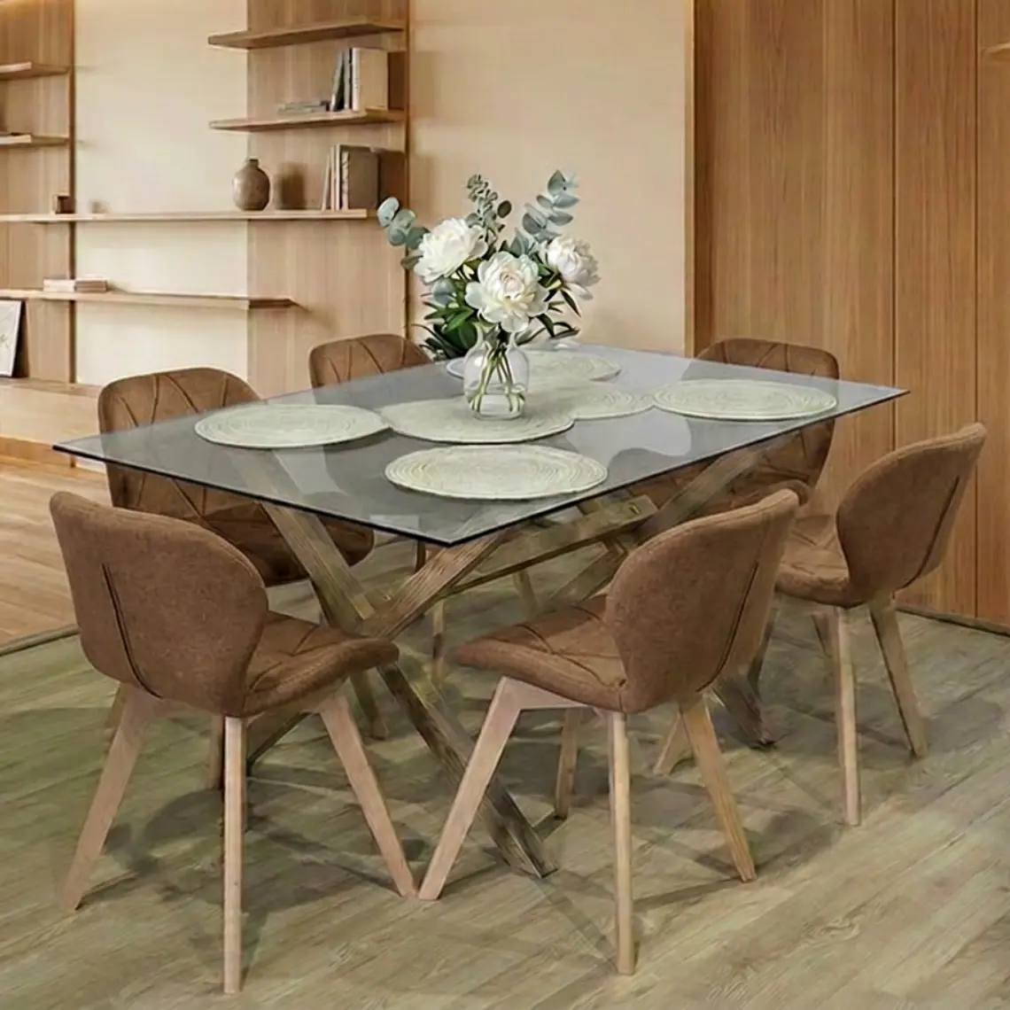 Comedor Mesa Medlock rectangular vidrio 140x90 cm con 6 Sillas Mariposas Rubik Wood Velvet 5