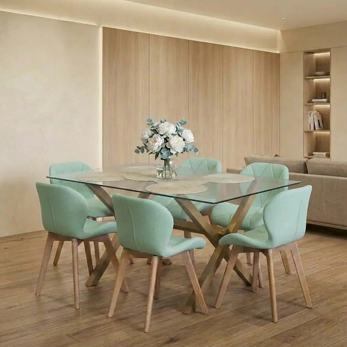 Comedor Mesa Medlock rectangular vidrio 130x80 cm con 6 Sillas Mariposas Rubik Wood 9