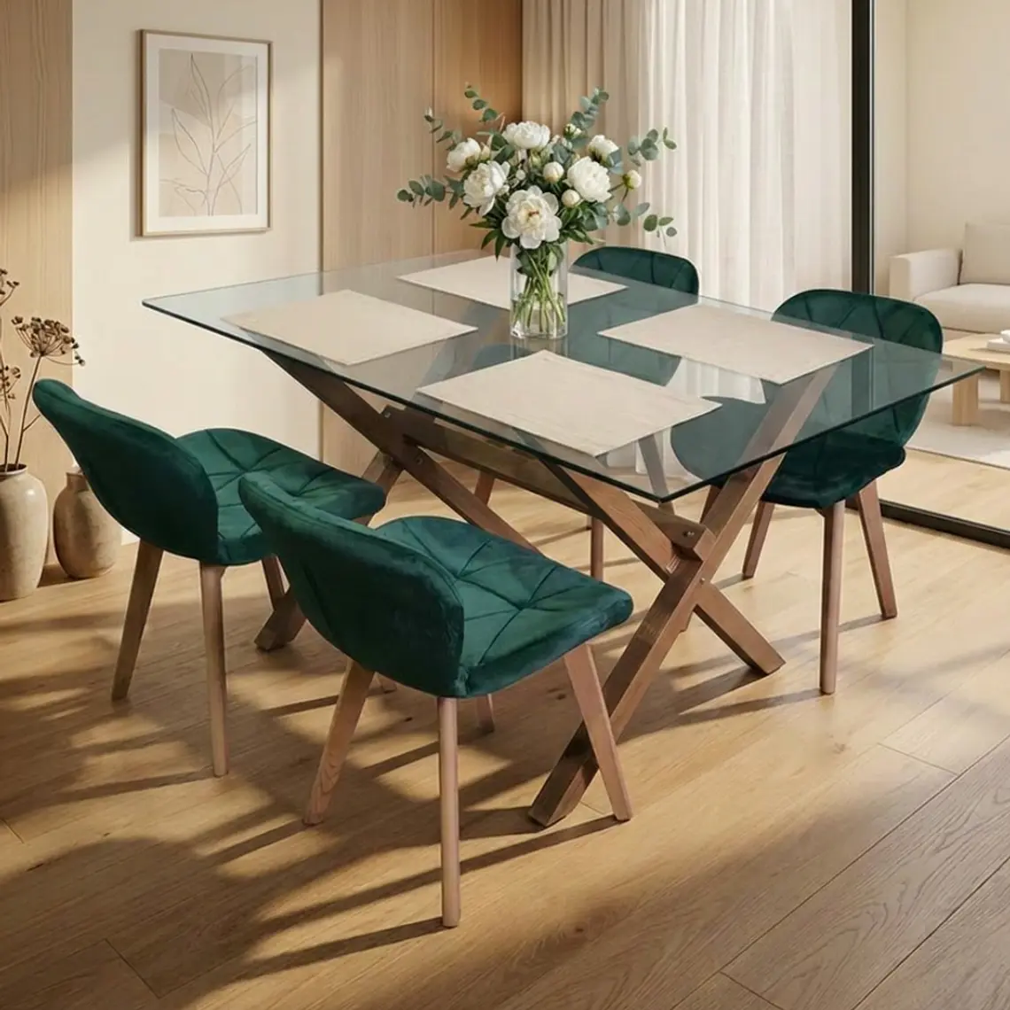 Comedor Mesa Medlock rectangular vidrio 130x80 cm con 4 Sillas Radar Velvet 2