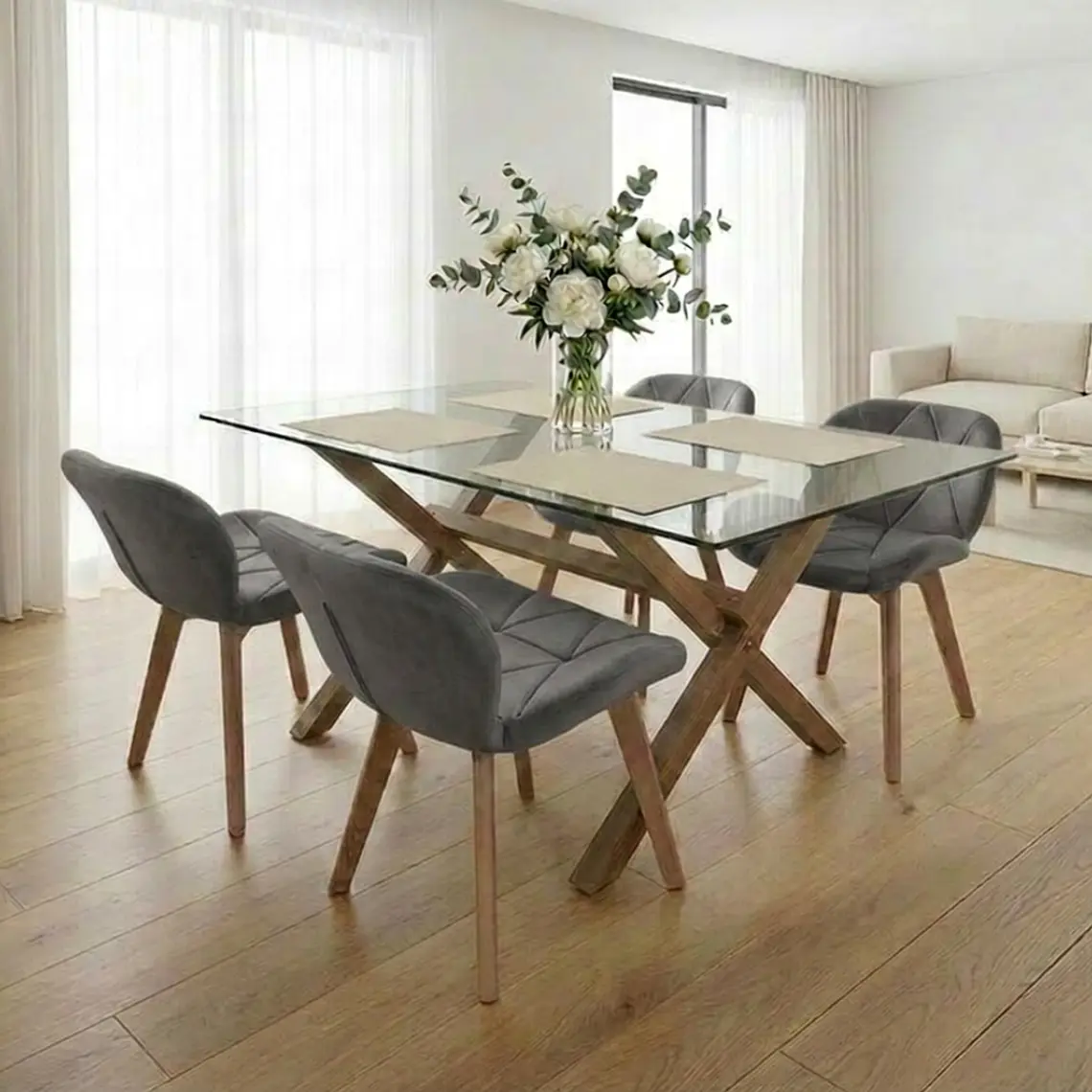 Comedor Mesa Medlock rectangular vidrio 140x90 cm con 4 Sillas Mariposas Rubik Wood Velvet 2