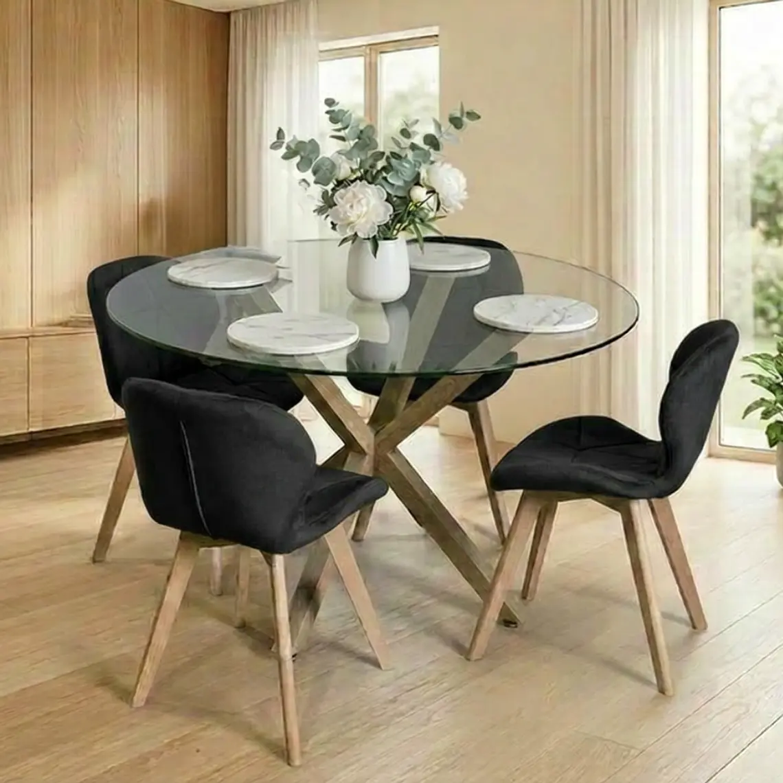 Comedor Mesa Asgard redondo vidrio 120 cm con 4 Sillas Mariposas Rubik Wood Velvet 2