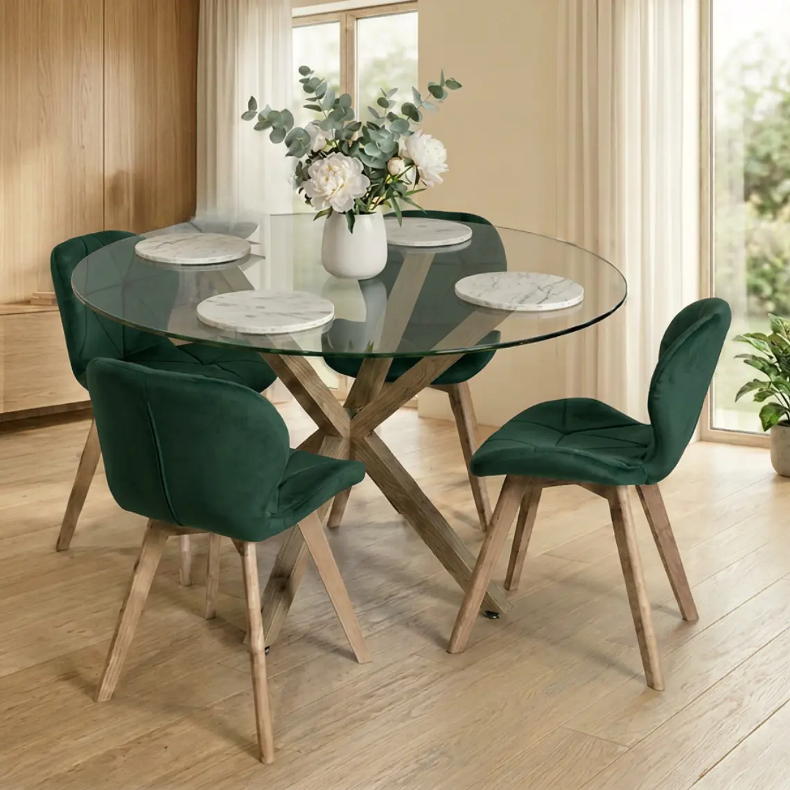 Comedor Mesa Asgard redondo vidrio 120 cm con 4 Sillas Mariposas Rubik Wood Velvet 3