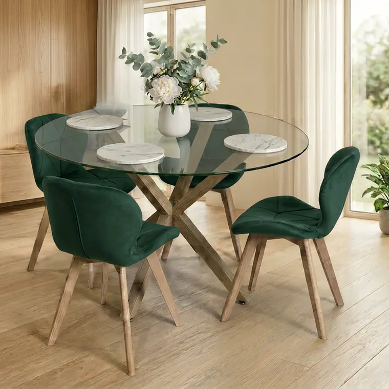 Comedor Mesa Asgard redondo vidrio 100 cm con 4 Sillas Mariposas Rubik Wood Velvet 1