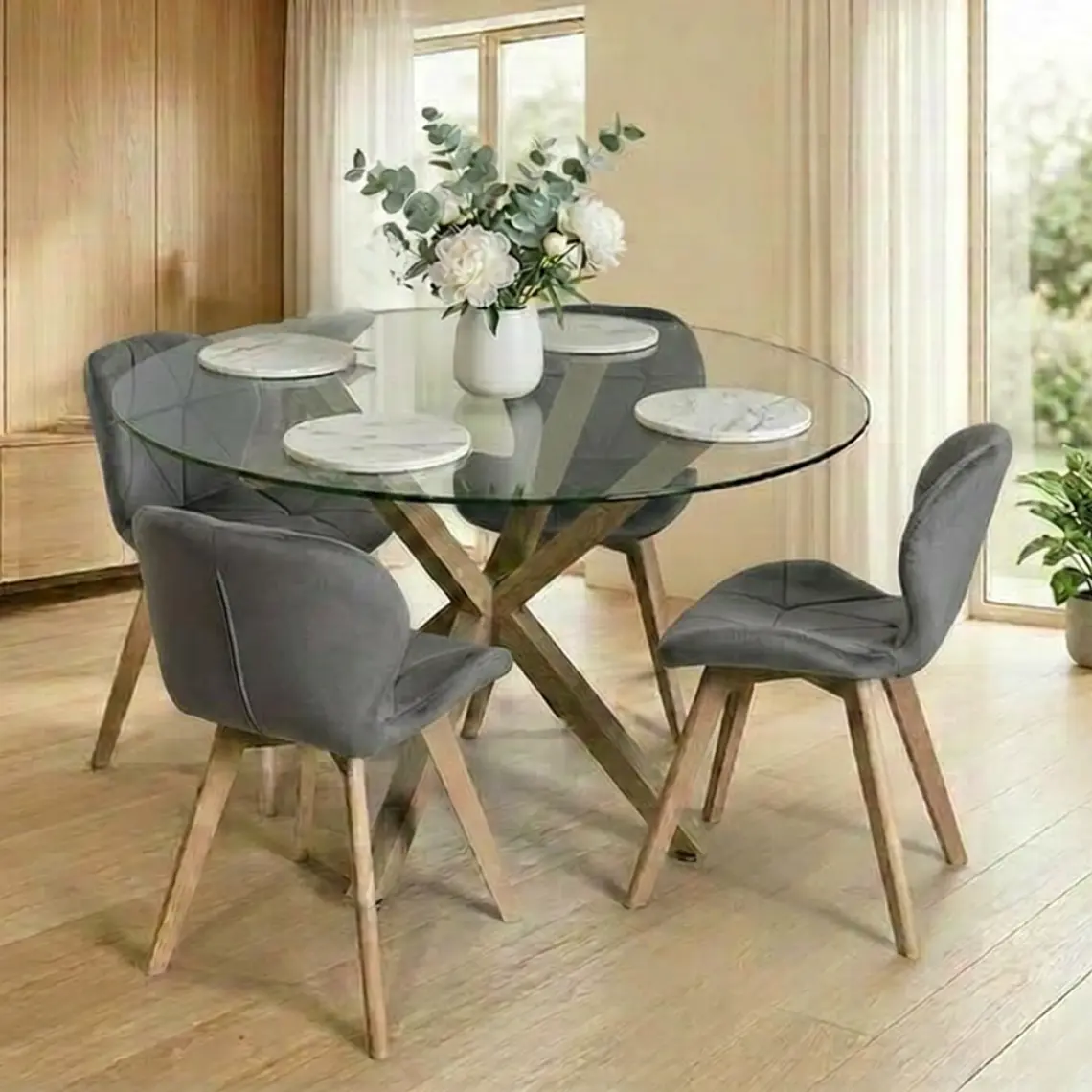 Comedor Mesa Asgard redondo vidrio 100 cm con 4 Sillas Mariposas Rubik Wood Velvet 3