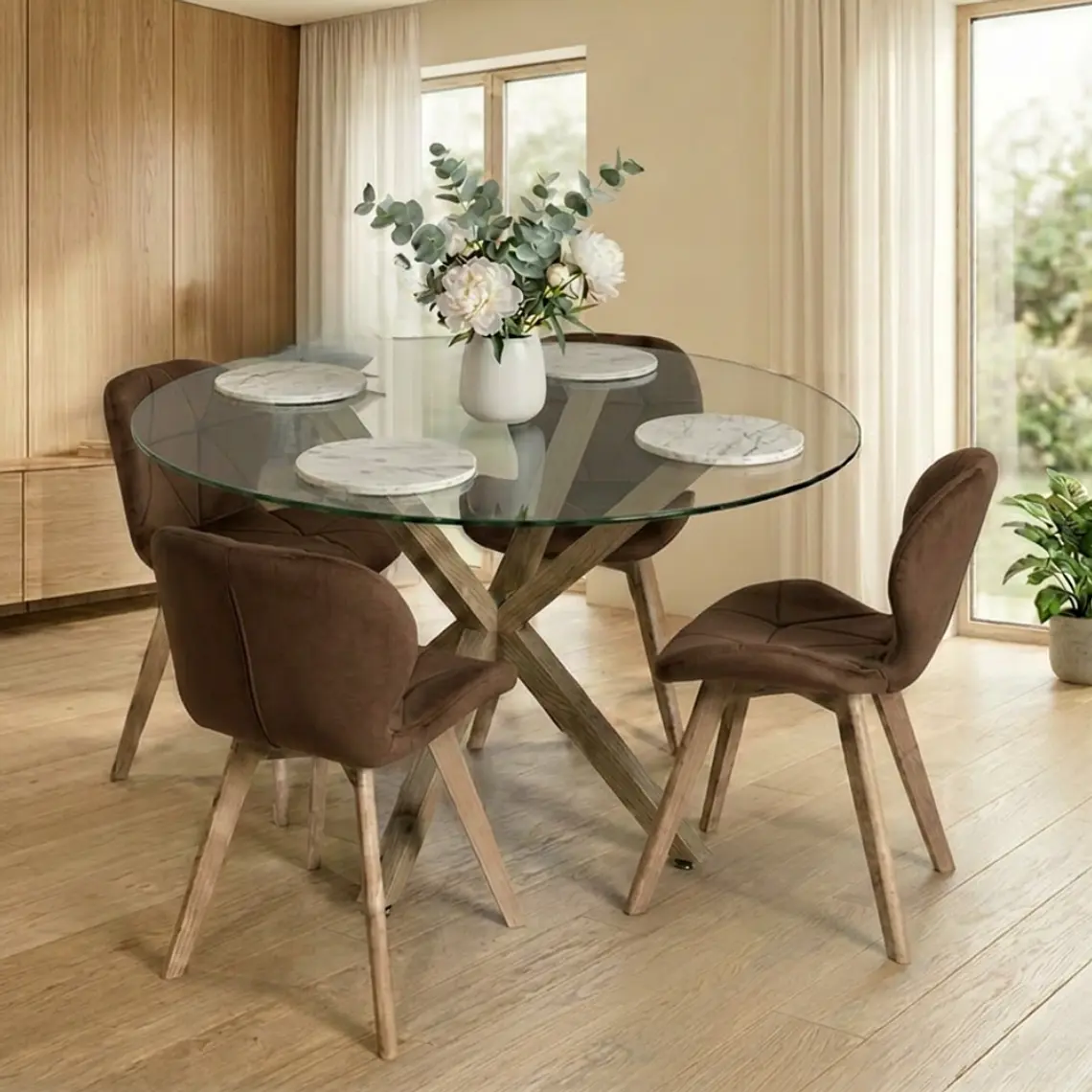 Comedor Mesa Asgard redondo vidrio 120 cm con 4 Sillas Mariposas Rubik Wood Velvet 4