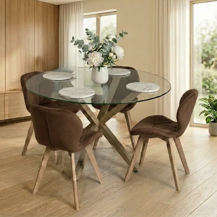 Comedor Mesa Asgard redondo vidrio 120 cm con 4 Sillas Mariposas Rubik Wood Velvet 4