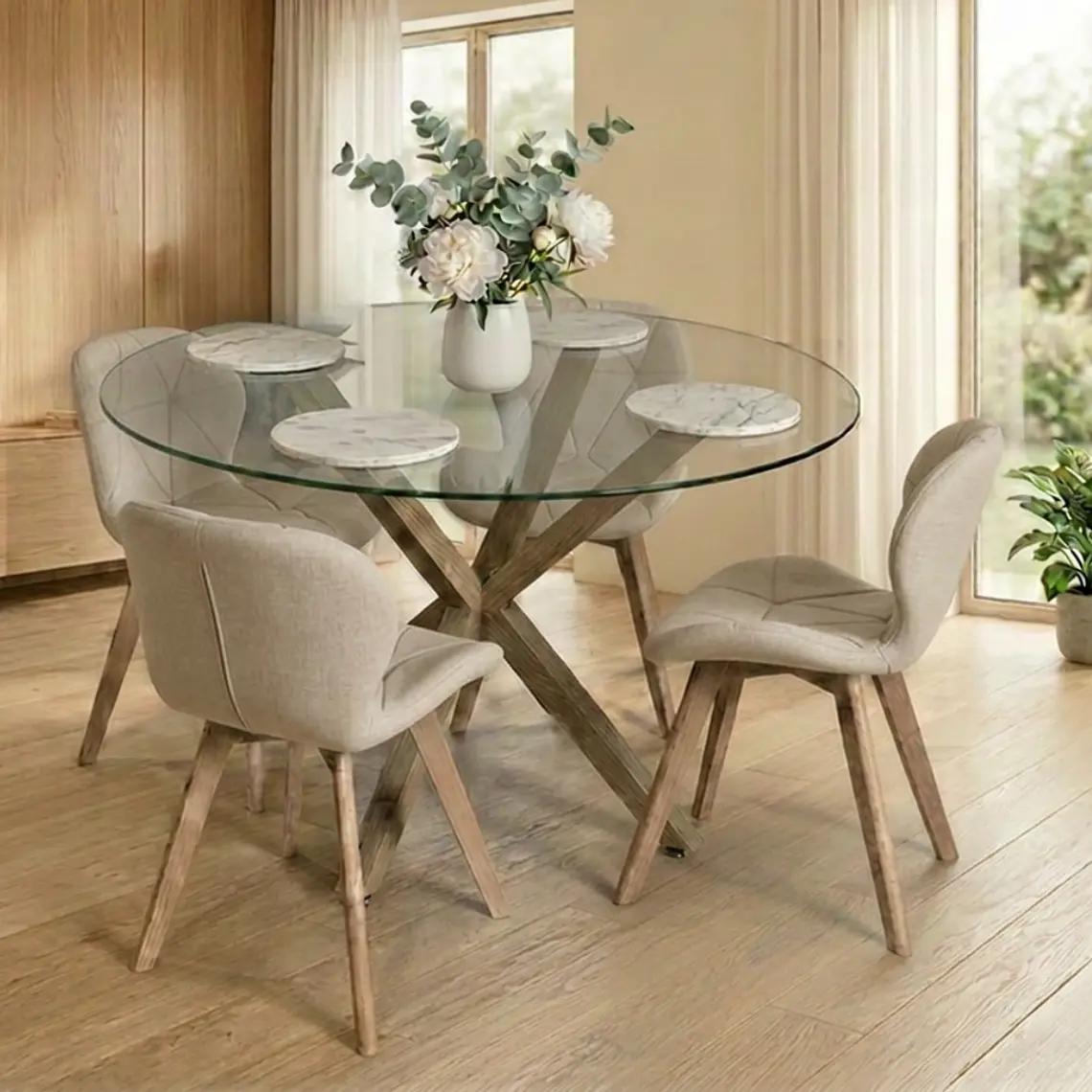 Comedor Mesa Asgard redondo vidrio 100 cm con 4 Sillas Mariposas Rubik Wood Velvet 5