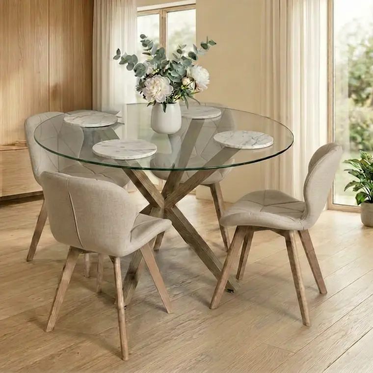 Comedor Mesa Asgard redondo vidrio 100 cm con 4 Sillas Mariposas Rubik Wood Velvet 5