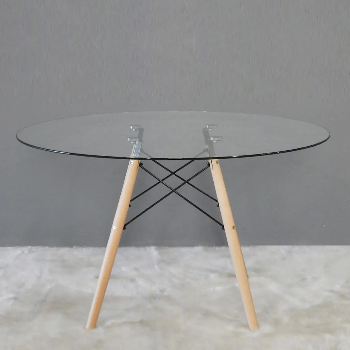 Comedor Mesa Eames redondo vidrio 80 cm con 4 Sillas Tulip Lino  2