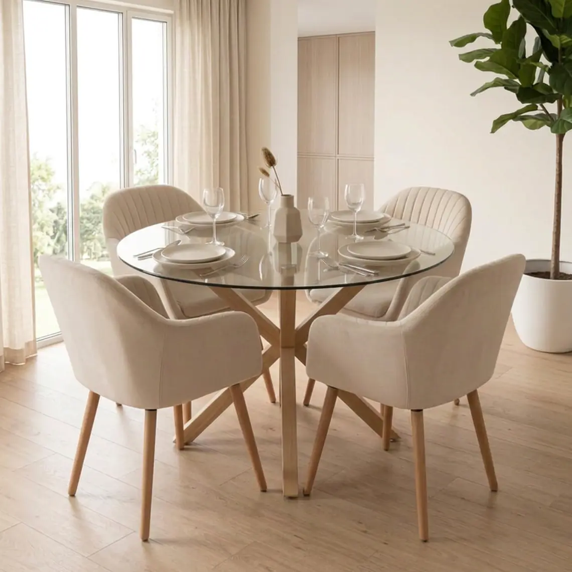 Comedor Mesa Asgard redonda vidrio 120 cm con 4 Butacas Sitiales Diamante 1
