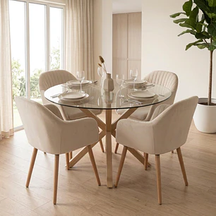 Comedor Mesa Asgard redonda vidrio 120 cm con 4 Butacas Sitiales Diamante