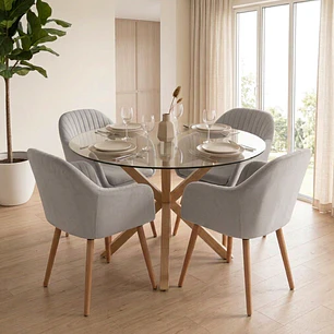 Comedor Mesa Asgard redonda vidrio 120 cm con 4 Butacas Sitiales Diamante