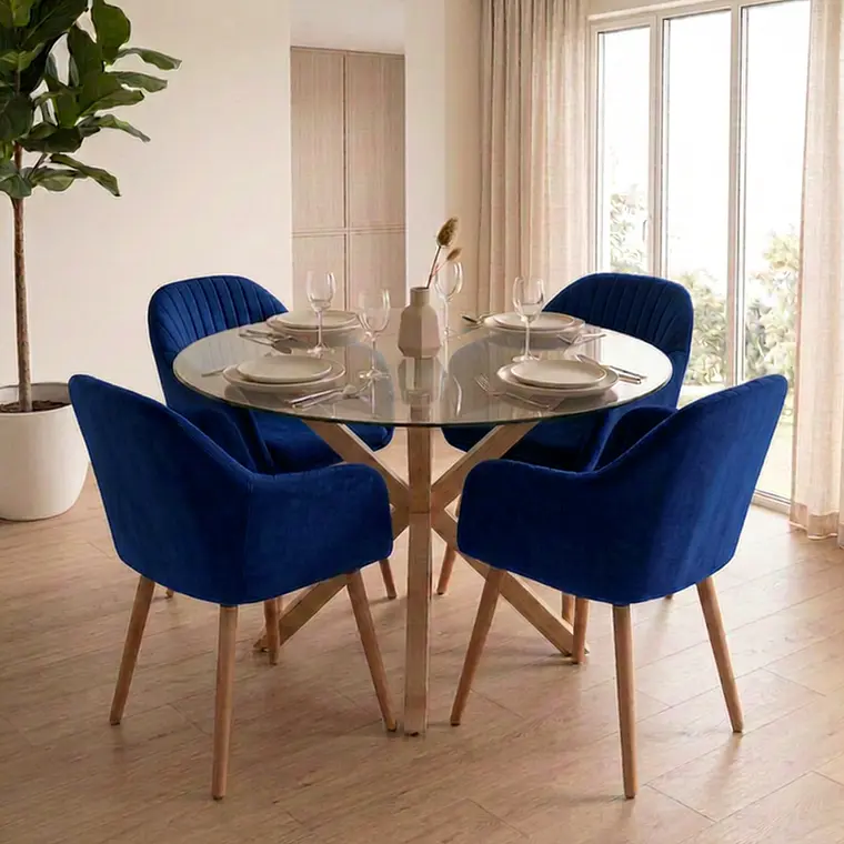 Comedor Mesa Asgard redonda vidrio 100 cm con 4 Butacas Sitiales Diamante 1