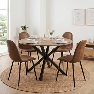 Comedor Mesa Asgard Rustik Black 100 cm con 4 Sillas Spoon Ecocuero vintage café oscuro