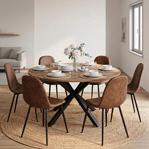 Comedor Mesa Asgard Rustik Black 120 cm con 6 Sillas Spoon Ecocuero vintage café oscuro
