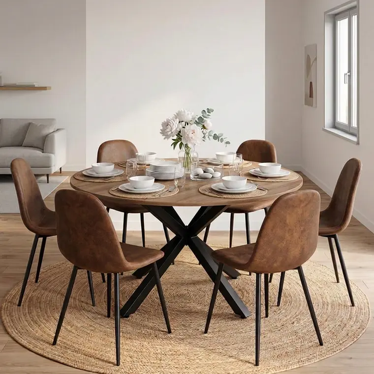 Comedor Mesa Asgard Rustik Black 120 cm con 6 Sillas Spoon Ecocuero vintage café oscuro 1