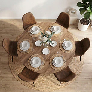 Comedor Mesa Asgard Rustik Black 120 cm con 6 Sillas Spoon Ecocuero vintage café oscuro