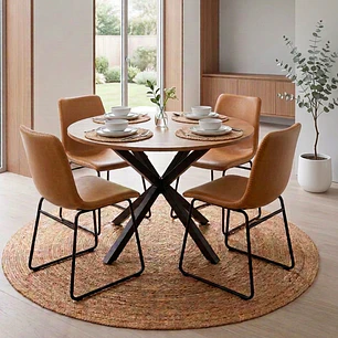 Comedor Mesa Asgard Rustik Black 100 cm con 4 Sillas Burgos de Cuero Sintético y Metal Industrial