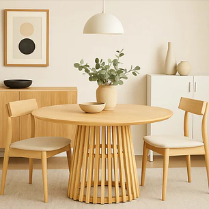 Mesa Redonda Sigrid 120 cm - Madera Natural y Base Rejilla 