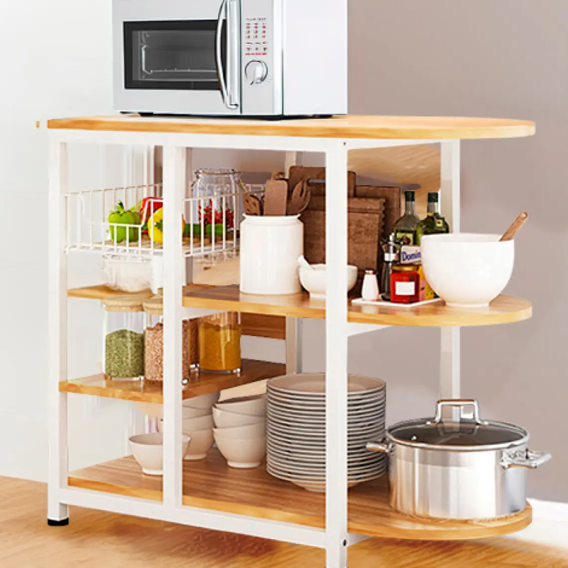Mesa lateral organizador para cocina - 3 niveles Madera clara - Blanca 2
