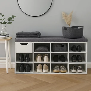 Cómoda Banco Zapatera con cojín y 11 compatimentos - Blanco y Gris