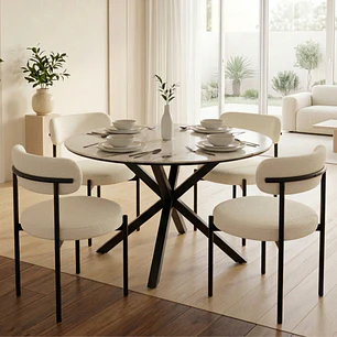 Comedor Mesa Asgard Stone Black redonda 120 cm con 4 Sillas Arpi Sun - Crema