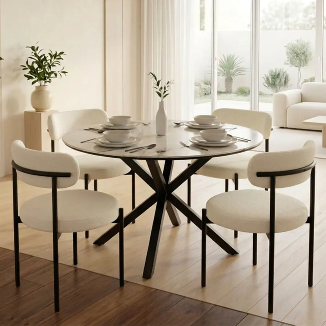 Comedor Mesa Asgard Stone Black redonda 100 cm con 4 Sillas Arpi Sun 1