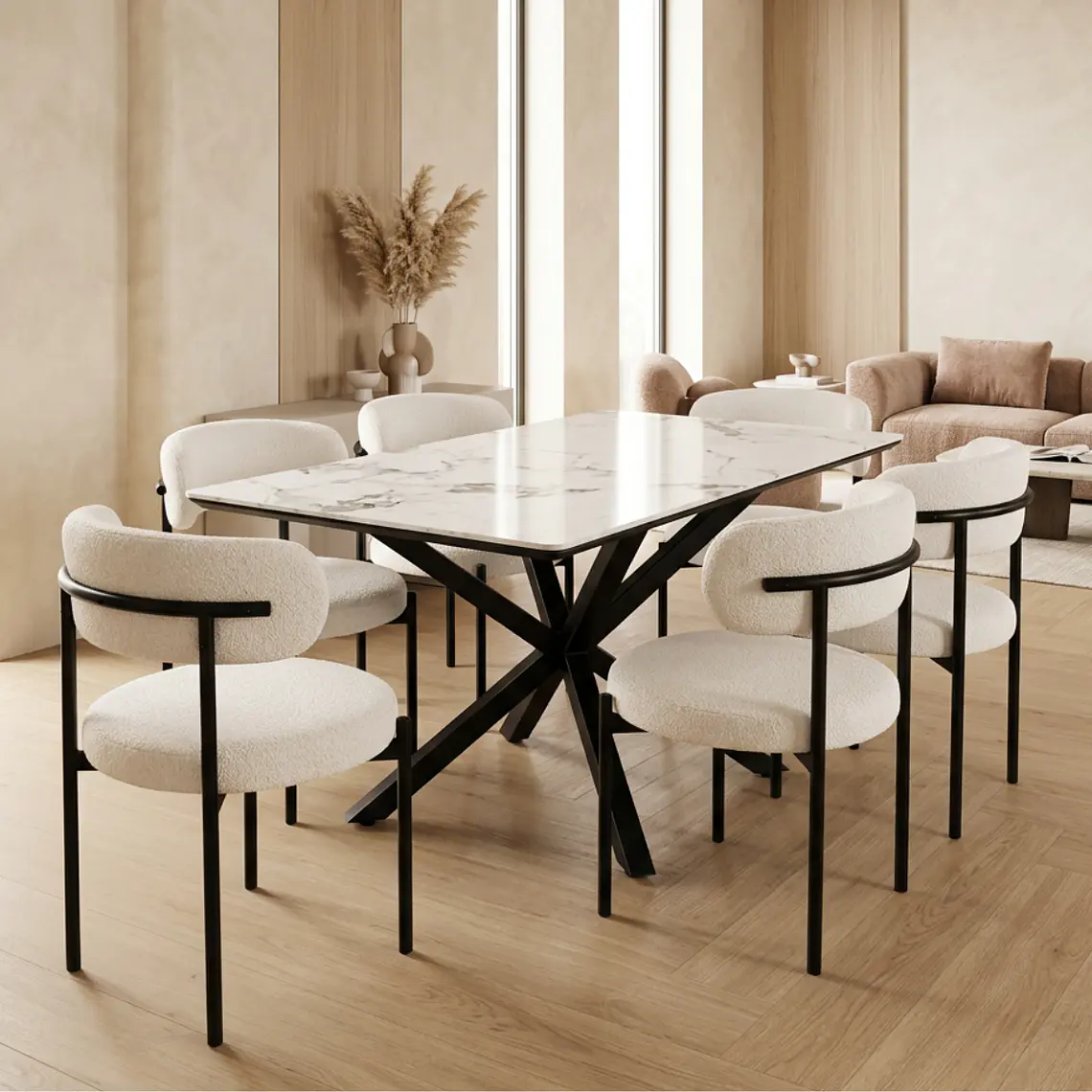 Comedor Mesa Asgard Stone Black rectangular 180x00 cm con 6 Sillas Arpi Sun - Crema 1
