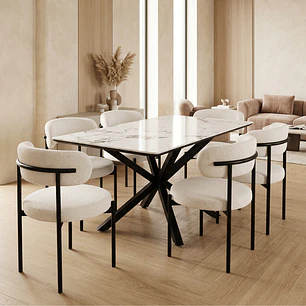 Comedor Mesa Asgard Stone Black rectangular 180x00 cm con 6 Sillas Arpi Sun - Crema