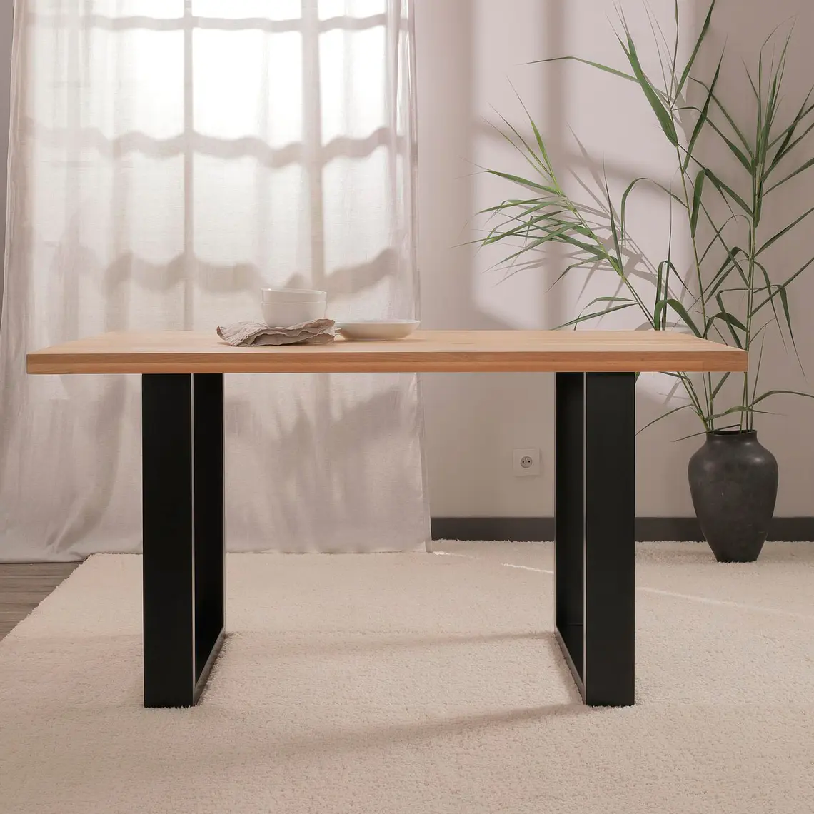 Comedor Mesa rectangular Industrial 160x90 cm madera clara con 6 Sillas Arpi Sun - Crema 3