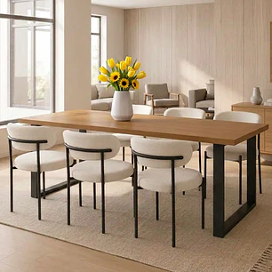 Comedor Mesa rectangular Industrial 160x90 cm madera clara con 6 Sillas Arpi Sun - Crema