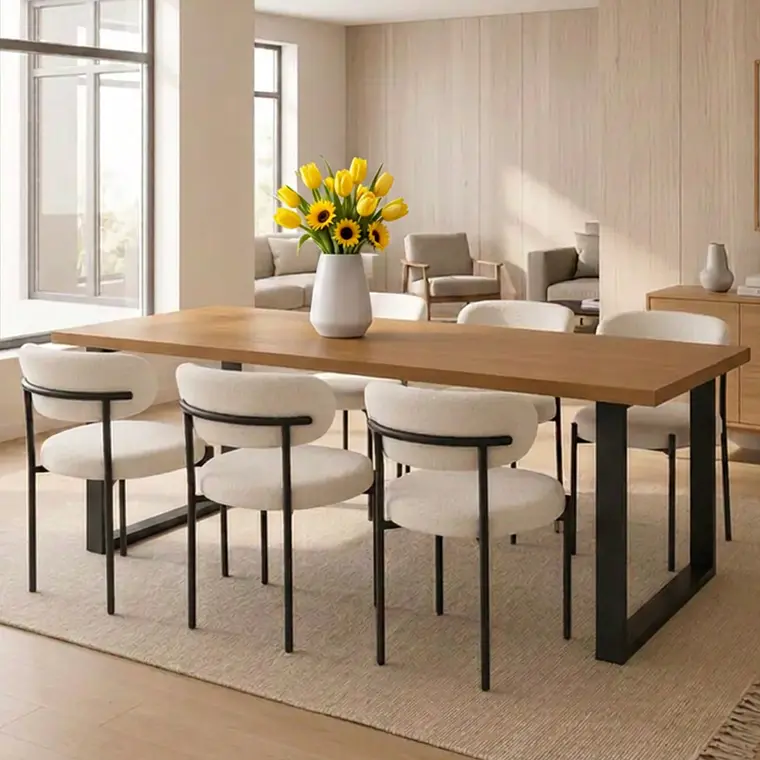 Comedor Mesa rectangular Industrial 160x90 cm madera clara con 6 Sillas Arpi Sun - Crema 1