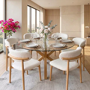 Comedor Mesa Asgard redonda vidrio 120 cm con 6 Sillas Arpi Bouclé Wood - Beige