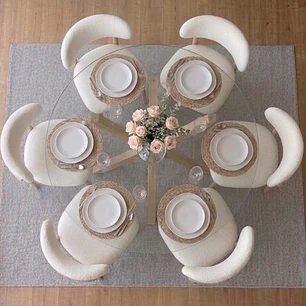 Comedor Mesa Asgard redonda vidrio 120 cm con 6 Sillas Arpi Bouclé Wood - Beige