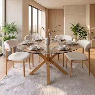 Comedor Mesa Asgard redonda vidrio 100 cm con 4 Sillas Arpi Bouclé Wood - Beige