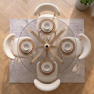 Comedor Mesa Asgard redonda vidrio 100 cm con 4 Sillas Arpi Bouclé Wood - Beige