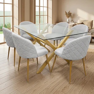 Comedor Mesa rectangular Medlock vidrio 140x90 cm con 6 Sillas Breda Lino