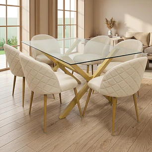 Comedor Mesa rectangular Medlock vidrio 140x90 cm con 6 Sillas Breda Lino