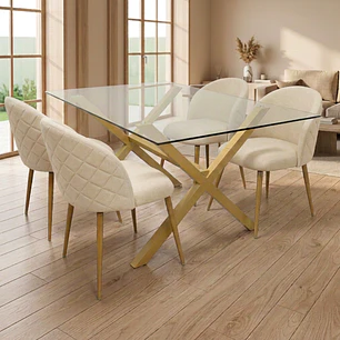 Comedor Mesa rectangular Medlock vidrio 140x90 cm con 4 Sillas Breda Lino
